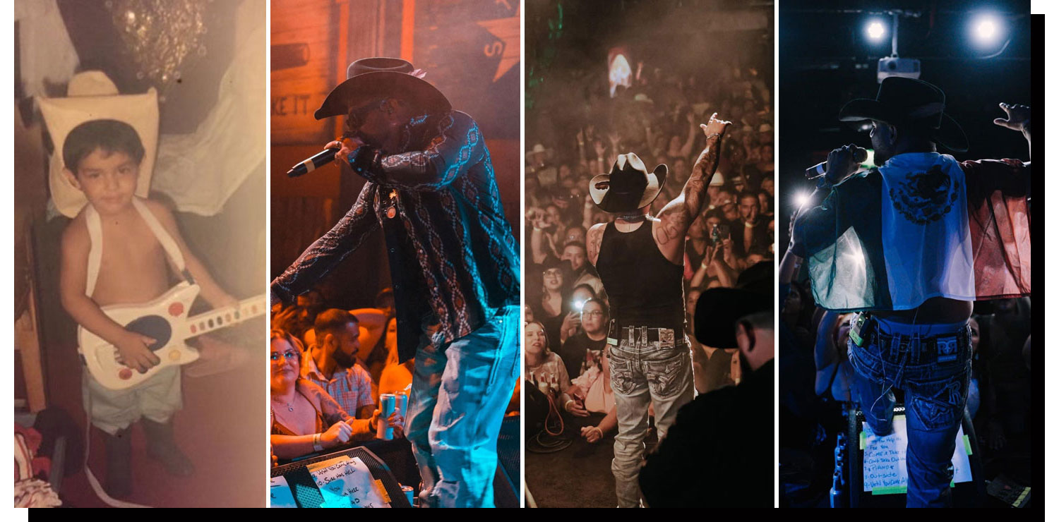 A photo montage. A young Louie The Singer as a boy holding a plastic guitar and posing. A man, Louie The Singer singing into the microphone on stage. Louie The Singer singing on stage with his hand up.  Louie The Singer on stage with a Mexico flag on his shoulders. 